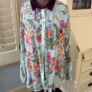 Aratta Floral Embroidered Velvet-Collar Blouse, XL